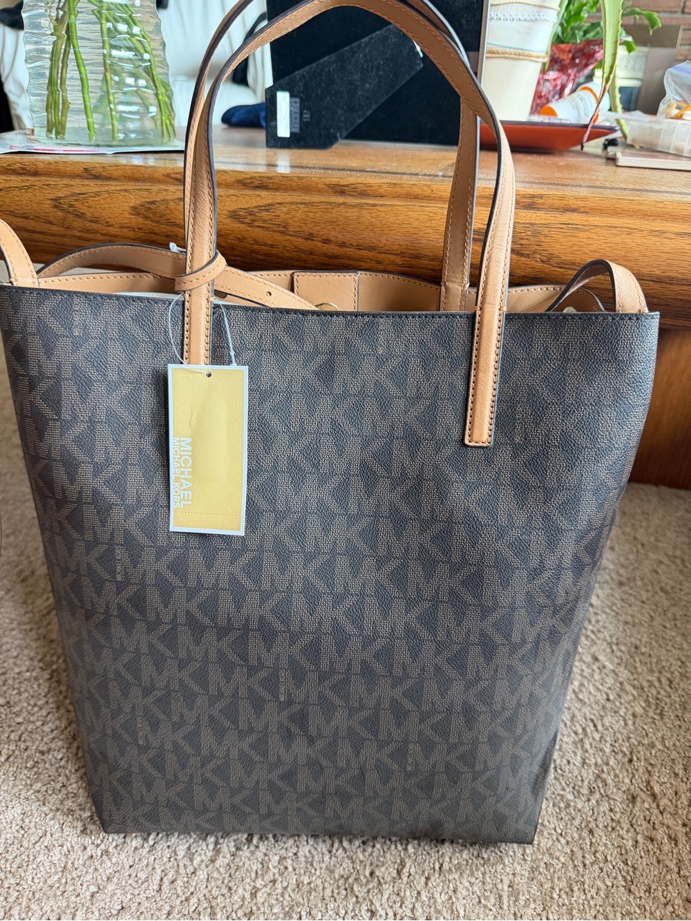 NWT Michael Kors Brown Logo Tote with Tan Leather Handles